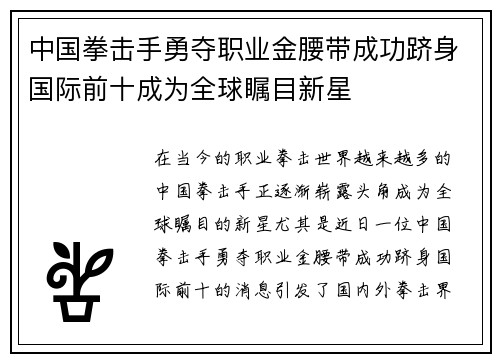 中国拳击手勇夺职业金腰带成功跻身国际前十成为全球瞩目新星 中国拳击手勇夺职业金腰带成功跻身国际前十成为全球瞩目新星