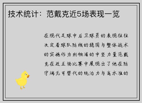 技术统计：范戴克近5场表现一览