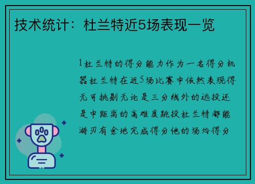 技术统计：杜兰特近5场表现一览